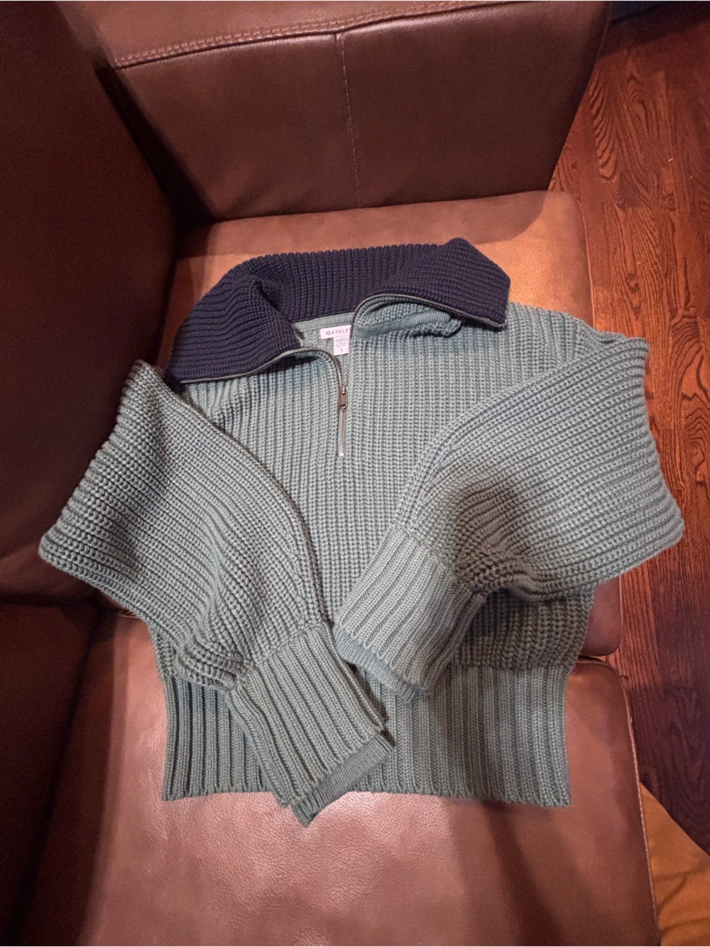 Athleta Olive Green Ribbed Half-Zip Turtleneck Sweater with Navy Collar
